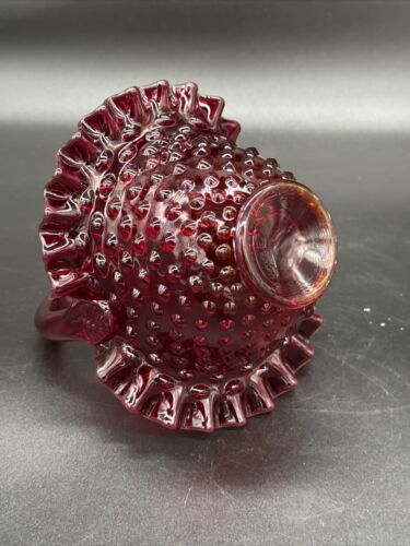 Fenton Glass Basket Ruby Red Amberina Base Hobnail Crimped Edge