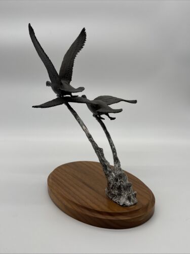 Fountain Creed Productions Geese Taking Off Sculpture, Metal On Wood Base