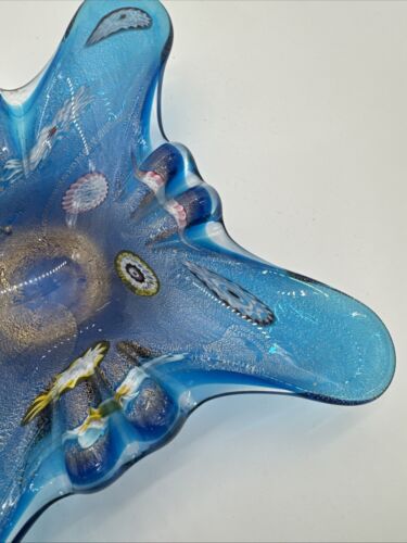 Murano Fratelli Toso Blue Murrine Cased Millifiori Butterfly Cigar Ashtray 9"