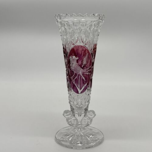 Vintage West Germany Hofbauer Byrdes Lead Crystal Red Bird Vase Clear Glass 7"