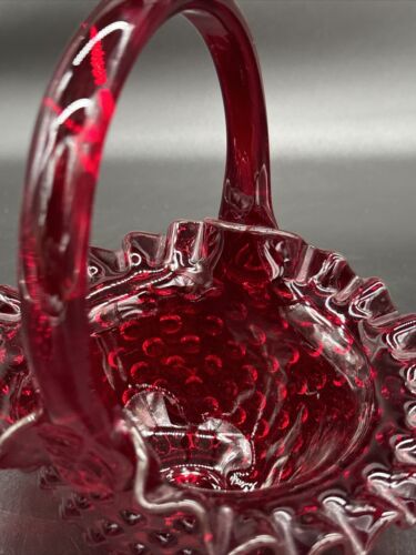 Fenton Glass Basket Ruby Red Amberina Base Hobnail Crimped Edge