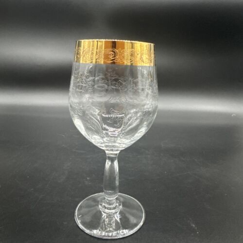 Rare Vtg Italy Needle Etched Gold Rim Crystal Wine Glasses Hand crafted Set Of 4