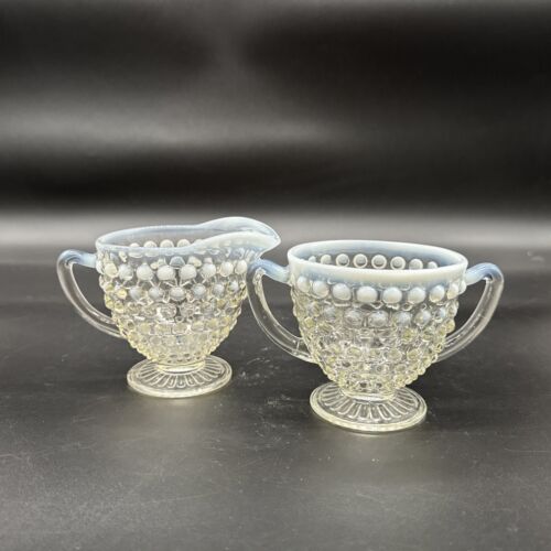 Vintage Anchor Hocking Moonstone Opalescent Hobnail Creamer & Sugar Bowl