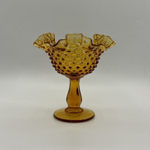 Vintage Fenton Amber Yellow Hobnail Glass Ruffled Pedestal Compote Bowl 5.75”