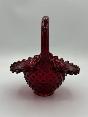 Vintage Fenton Hobnail Ruby Red Amberina Glass Basket 7.5" Tall