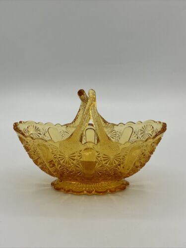 Vintage Fenton amber Glass split handle Basket Button & Daisy