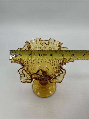 Vintage Fenton Amber Yellow Hobnail Glass Ruffled Pedestal Compote Bowl 5.75”