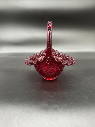 Fenton Glass Basket Ruby Red Amberina Base Hobnail Crimped Edge