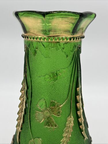 Antique EAPG Green Delaware Vase w Gilt Thistles