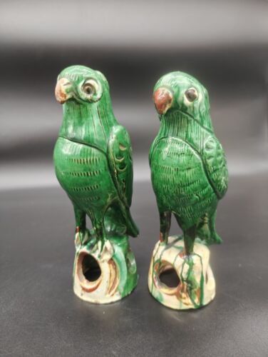 Antique Chinese Green Glazed Parrots Pair