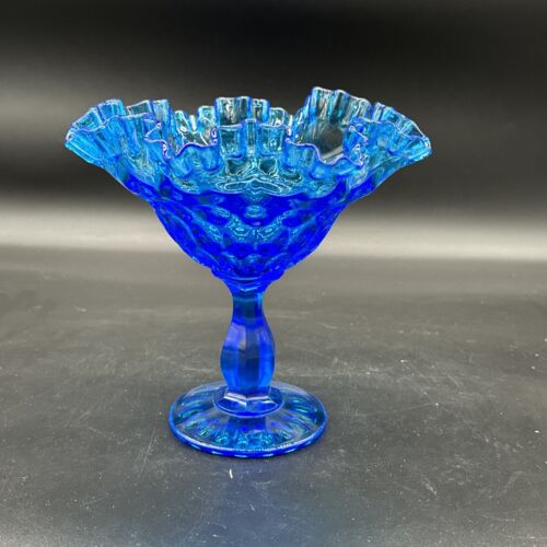 FENTON Aqua Blue Thumbprint Ruffled Rim Footed Art Glass Candy Dish VTG