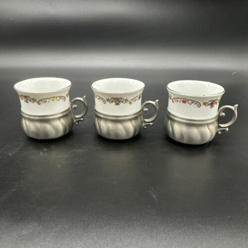 Vtg Schwarzenhammer Porcelain Demitasse Mocha Cups W Quist Pewter Tray- Set Of 6