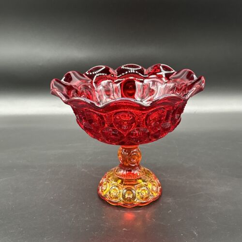 L E Smith Moon and Stars Flared Amberina Red and Amber Compote Bowl With Cadmium