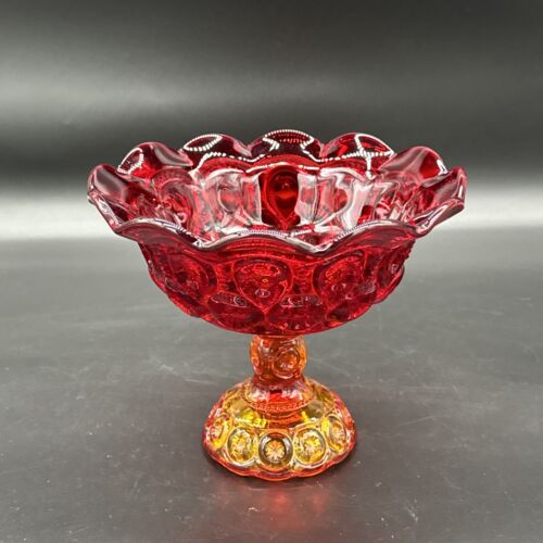 L E Smith Moon and Stars Flared Amberina Red and Amber Compote Bowl With Cadmium