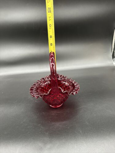Fenton Glass Basket Ruby Red Amberina Base Hobnail Crimped Edge