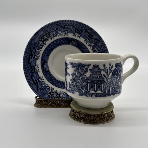 Vintage Churchill England Cup & Saucer Blue Willow Coffee or Tea Set.