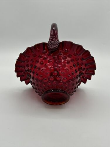 Vintage Fenton Hobnail Ruby Red Amberina Glass Basket 7.5" Tall