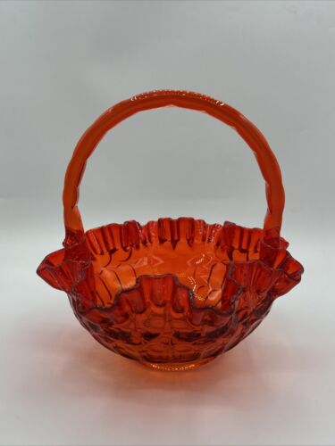 Fenton Amberina Red Orange Ruffled Edge Thumbprint Glass Basket 8" Vintage