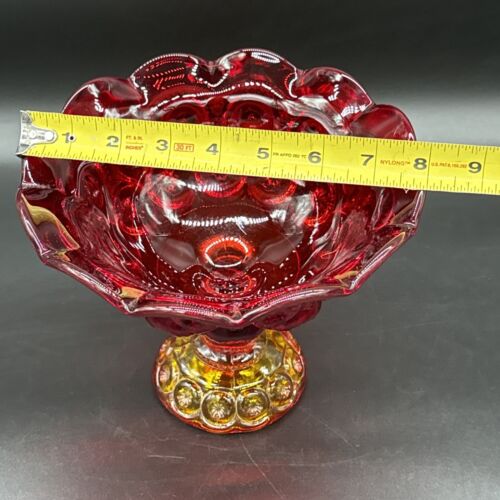 L E Smith Moon and Stars Flared Amberina Red and Amber Compote Bowl With Cadmium