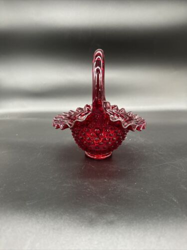 Fenton Glass Basket Ruby Red Amberina Base Hobnail Crimped Edge