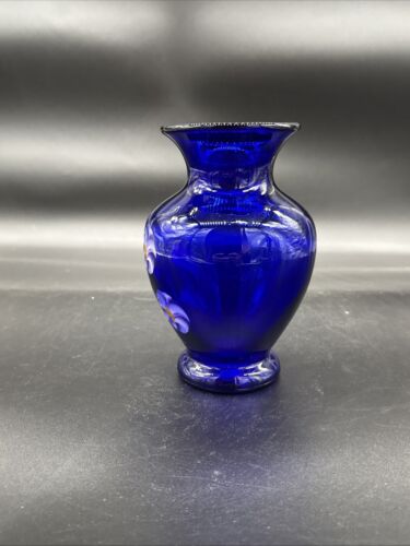 Fenton Cobalt Blue Morning Glories Hand Painted Vase 6.5” T