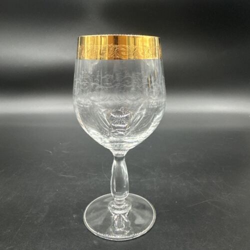 Rare Vtg Italy Needle Etched Gold Rim Crystal Wine Glasses Hand crafted Set Of 4