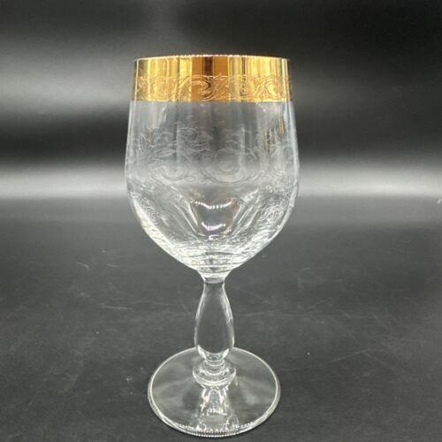 Rare Vtg Italy Needle Etched Gold Rim Crystal Wine Glasses Hand crafted Set Of 4