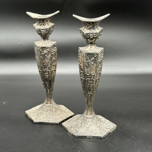 E.& J. B. Dutch Silver Motif Candle Stick Holders 10" Antique Pair