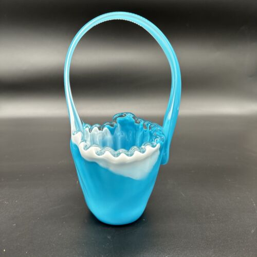 Art Glass Turquoise and White Basket Vase Murano Style 2355B