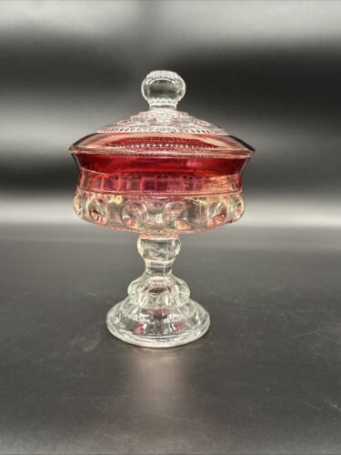 Indiana Glass Kings Crown Ruby Red Band Covered Compote Made in USA 7.25" Tall