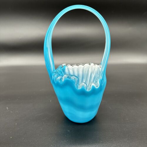 Art Glass Turquoise and White Basket Vase Murano Style 2355B