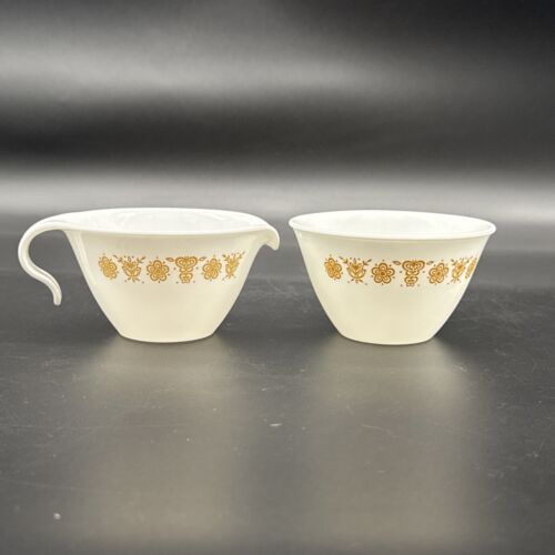 Vintage Corelle CREAMER w/ Hooked Handle and Open SUGAR BOWL - Gold Butterfly