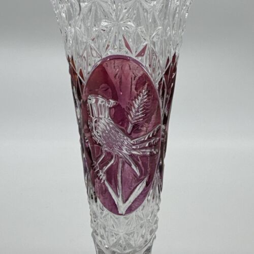 Vintage West Germany Hofbauer Byrdes Lead Crystal Red Bird Vase Clear Glass 7"