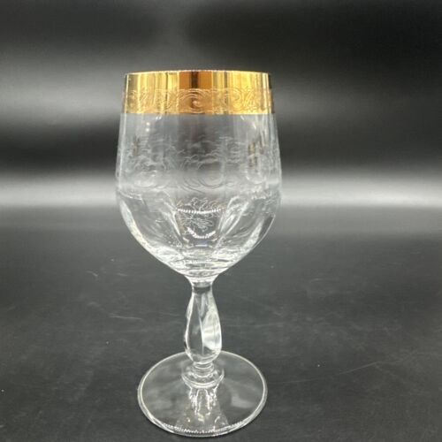 Rare Vtg Italy Needle Etched Gold Rim Crystal Wine Glasses Hand crafted Set Of 4