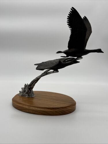 Fountain Creed Productions Geese Taking Off Sculpture, Metal On Wood Base