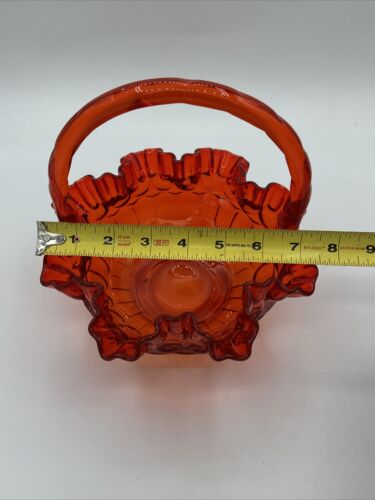 Fenton Amberina Red Orange Ruffled Edge Thumbprint Glass Basket 8" Vintage