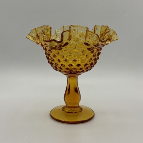 Vintage Fenton Amber Yellow Hobnail Glass Ruffled Pedestal Compote Bowl 5.75”