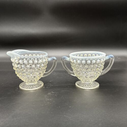 Vintage Anchor Hocking Moonstone Opalescent Hobnail Creamer & Sugar Bowl