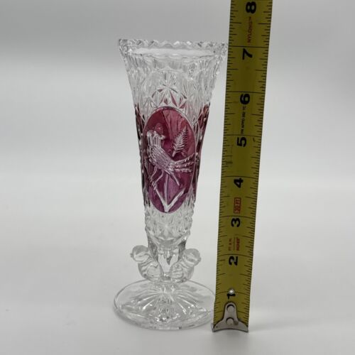 Vintage West Germany Hofbauer Byrdes Lead Crystal Red Bird Vase Clear Glass 7"