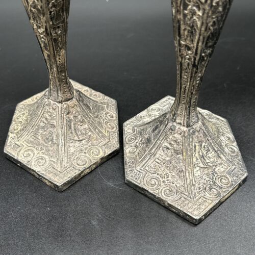 E.& J. B. Dutch Silver Motif Candle Stick Holders 10" Antique Pair