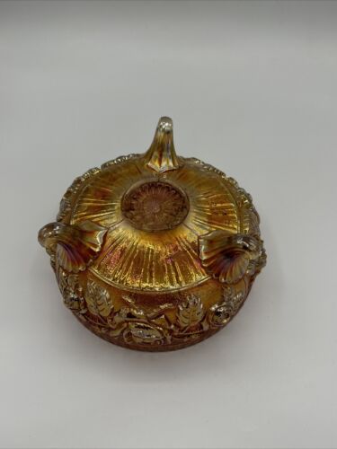 Carnival Glass Iridescent Amber Footed Bowl Floral/Roses