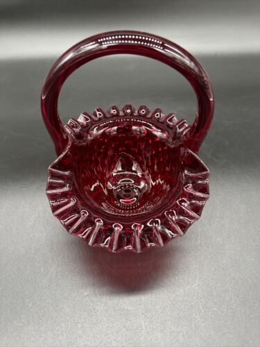Fenton Glass Basket Ruby Red Amberina Base Hobnail Crimped Edge