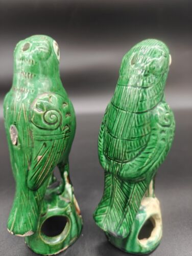 Antique Chinese Green Glazed Parrots Pair