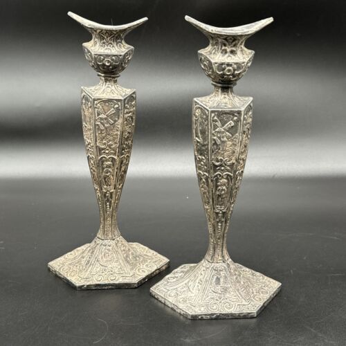 E.& J. B. Dutch Silver Motif Candle Stick Holders 10" Antique Pair