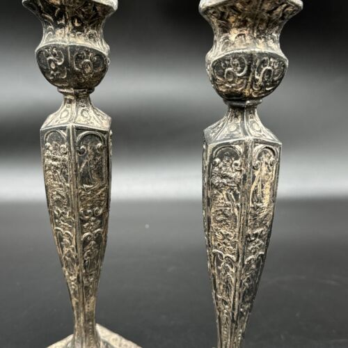 E.& J. B. Dutch Silver Motif Candle Stick Holders 10" Antique Pair