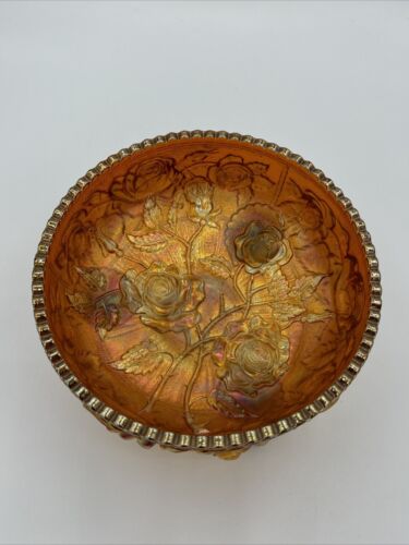 Carnival Glass Iridescent Amber Footed Bowl Floral/Roses