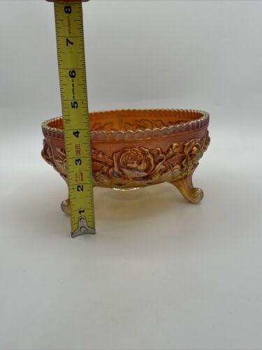 Carnival Glass Iridescent Amber Footed Bowl Floral/Roses