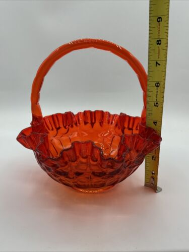 Fenton Amberina Red Orange Ruffled Edge Thumbprint Glass Basket 8" Vintage