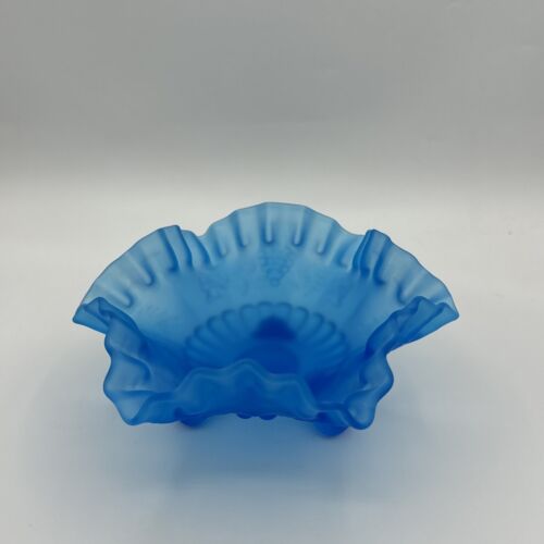 Vtg. Westmoreland Blue Mist Satin Glass Bowl Ruffled Edge Grape Vines 3 Footed