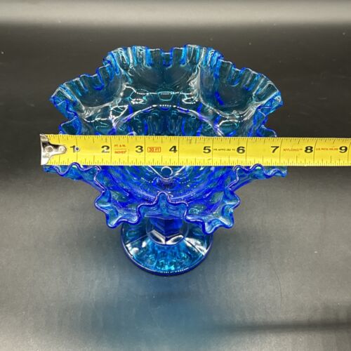 FENTON Aqua Blue Thumbprint Ruffled Rim Footed Art Glass Candy Dish VTG